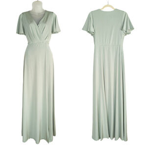 BALTIC BORN Sage Green Satin Maxi Dress Surplice Neckline Leg Slit Women's Large